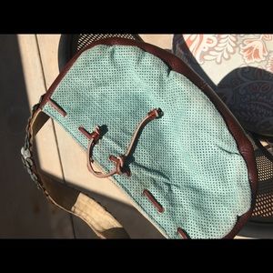 Suede leather and abalone button purse